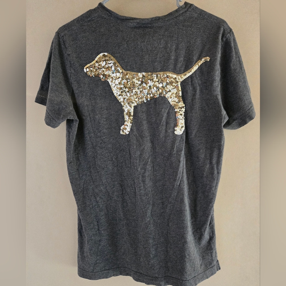 PINK Victoria's Secret Gray Short Sleeve Tee large sequin Dog Logo XS  Fair Cond